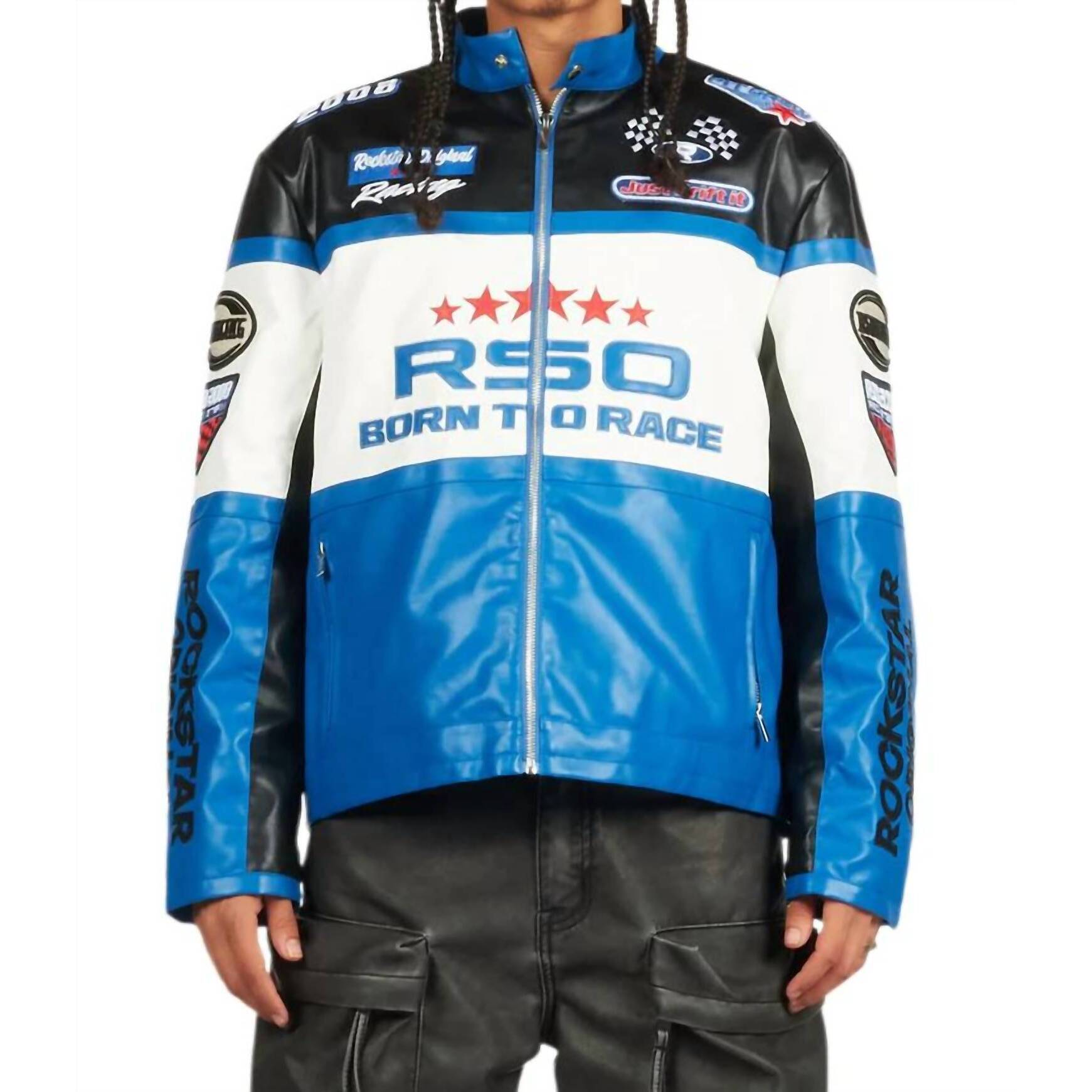 New Rockstar Original Balint Leather Moto Jacket In Black/Blue